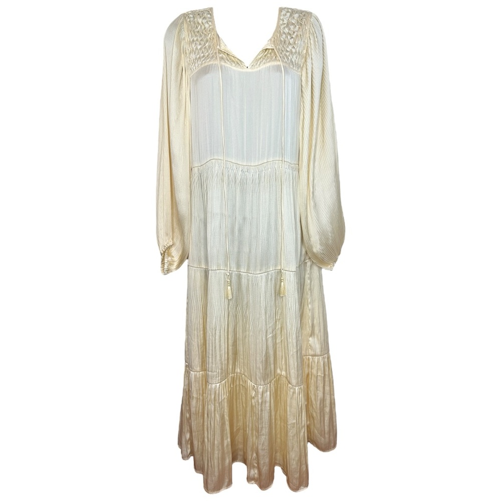 Long Sleeve Cream Midi Dress with Tassel Tie